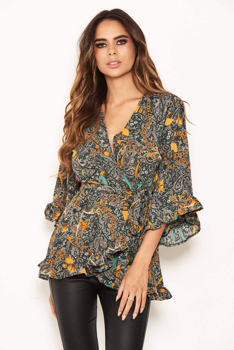 Green Printed Wrap Frill Top – AX Paris